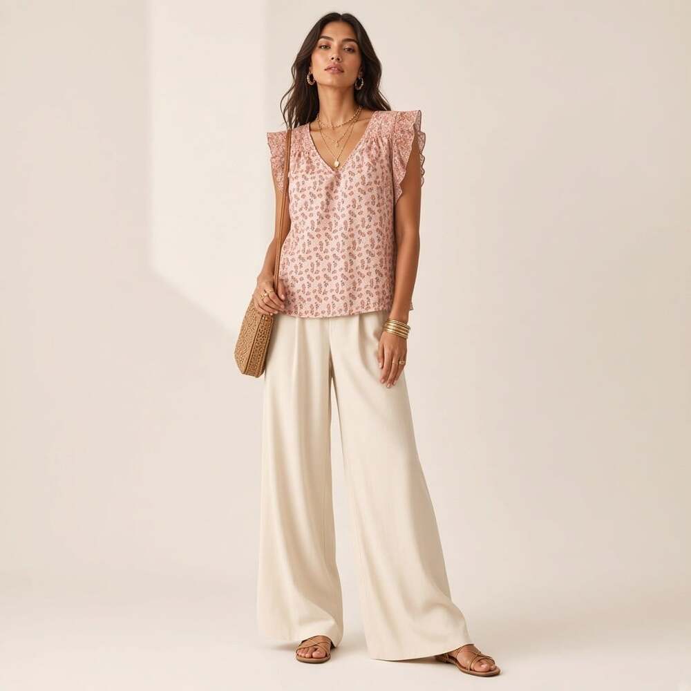 DR2 Daniel Rainn Pink Ditsy Floral Flutter Sleeve Blouse Top Women's Size S - Picture 3 of 12